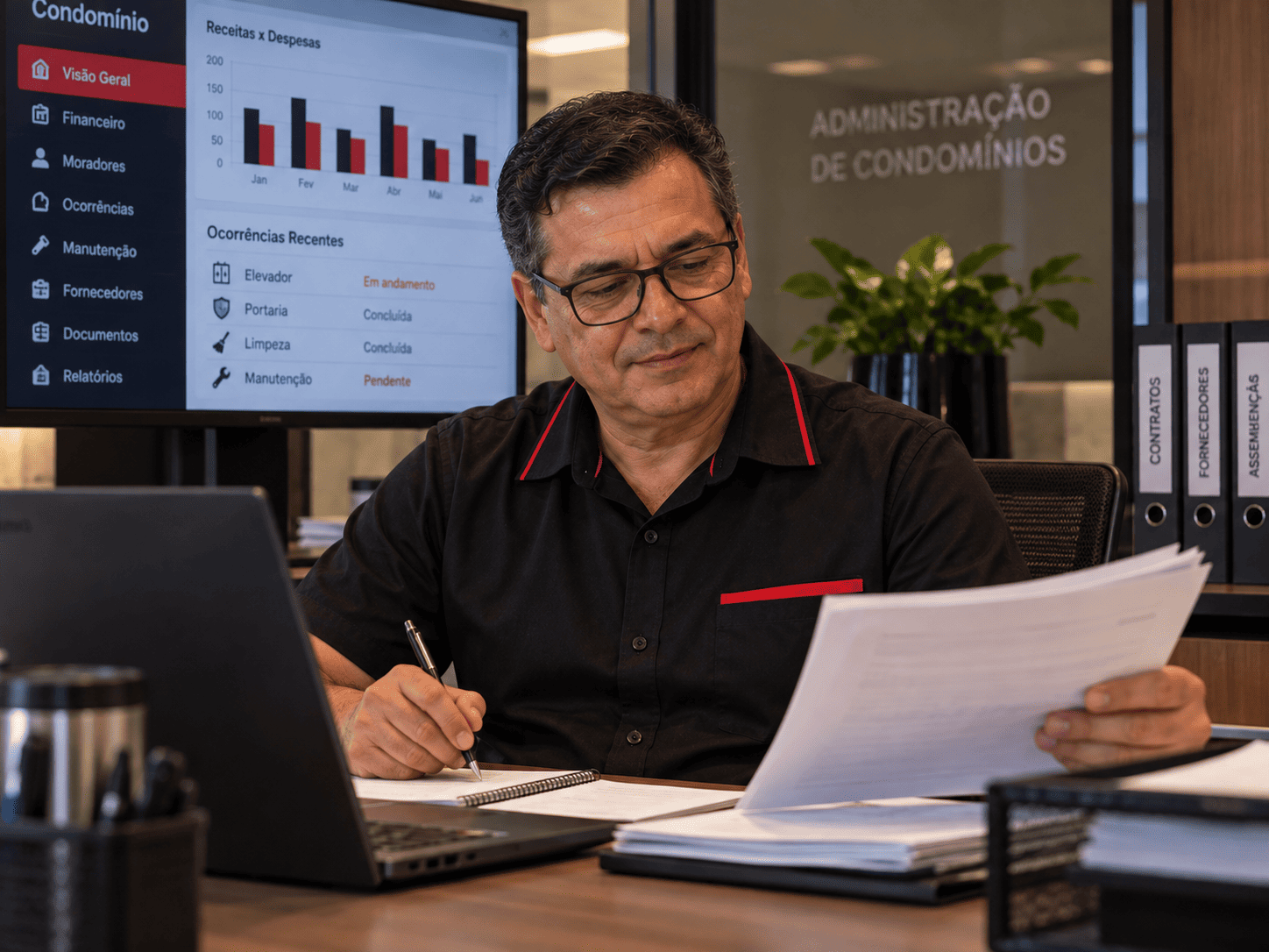 funcionário de administradora de condomínios. Uniforme escuro