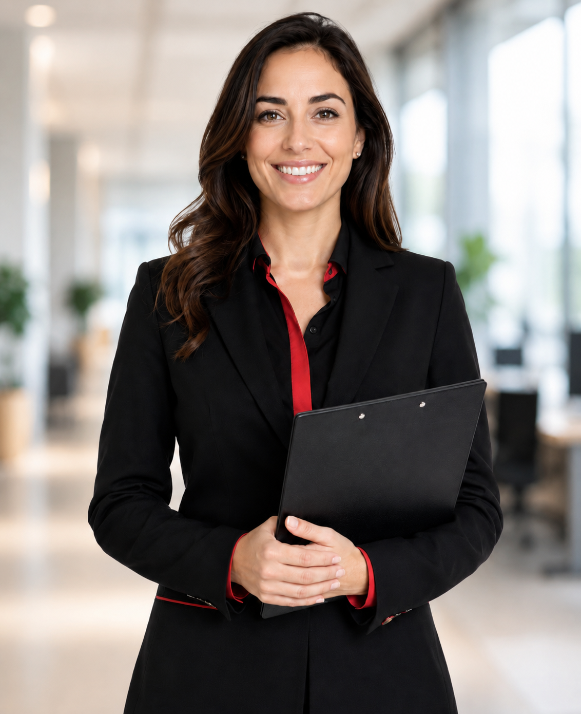 Empresária vestindo roupas pretas segurando um notebook