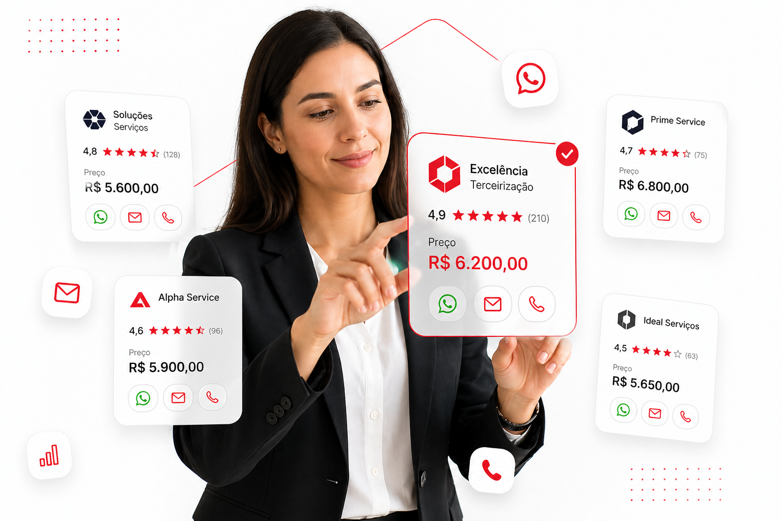 Compradora comparando fornecedores e propostas na Primebid