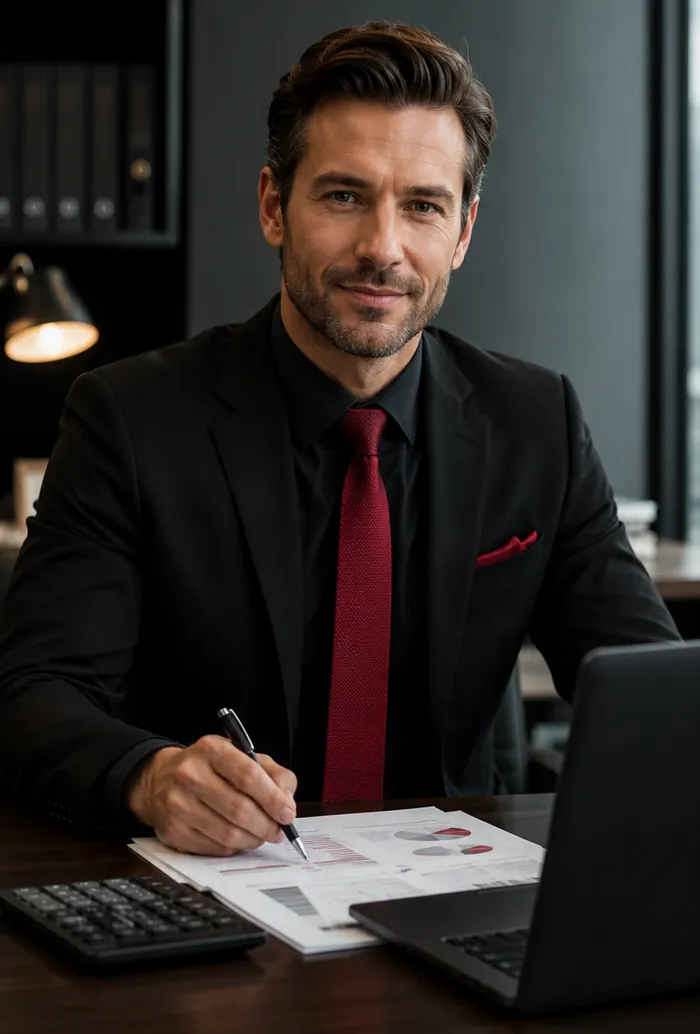 Contador vestido formalmente de preto e vermelho e segurando uma caneta enquanto olha para a câmera